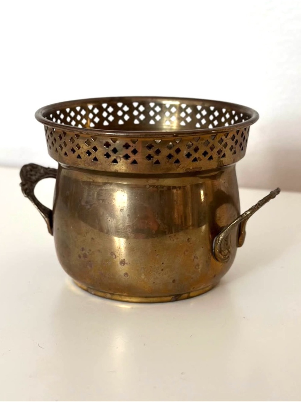 Vintage Brass Cachepot Pierced Lattice Rim Handle Planter